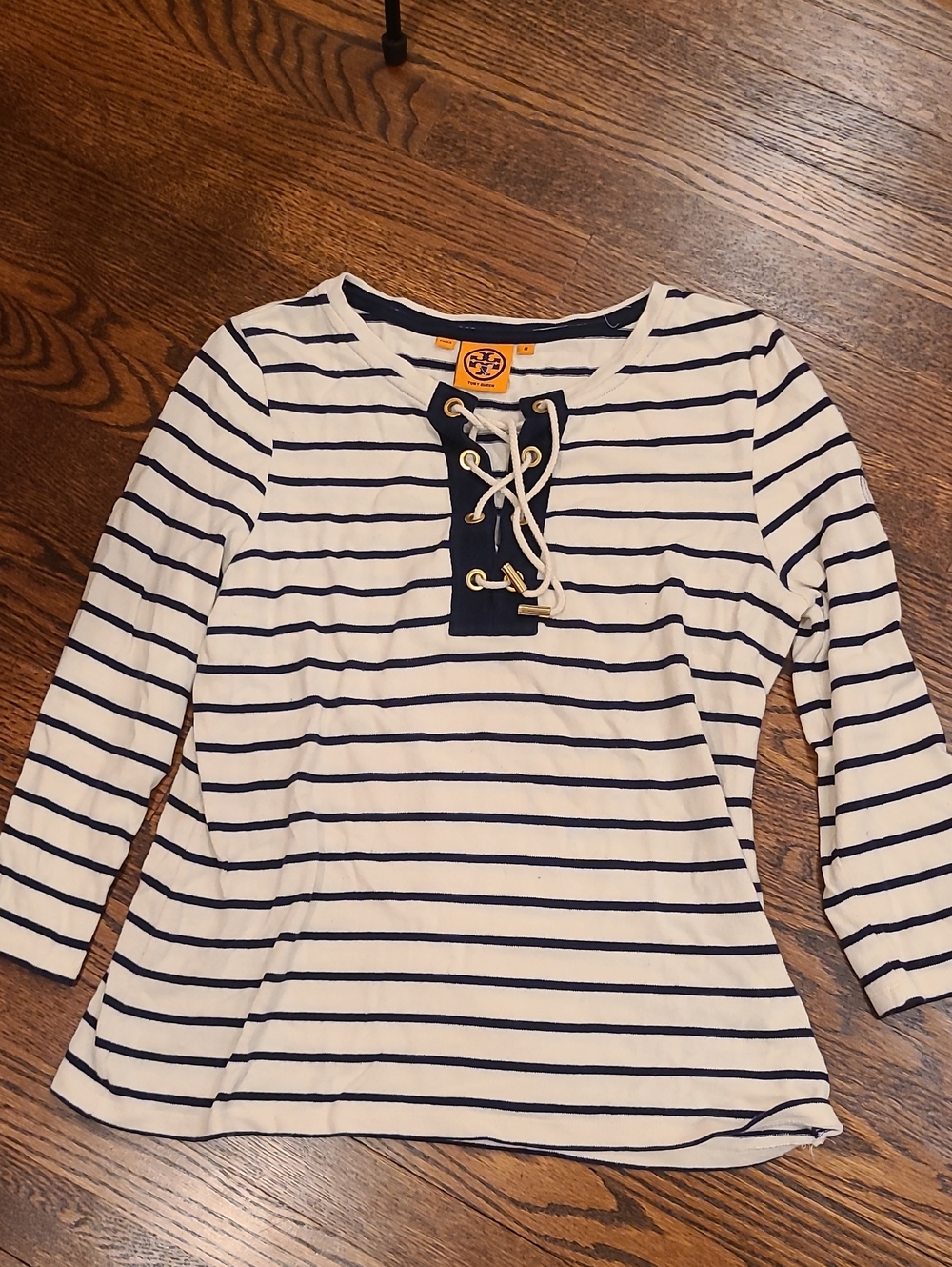 Tory Burch Navy & White Striped Lace-Up Boatneck Top